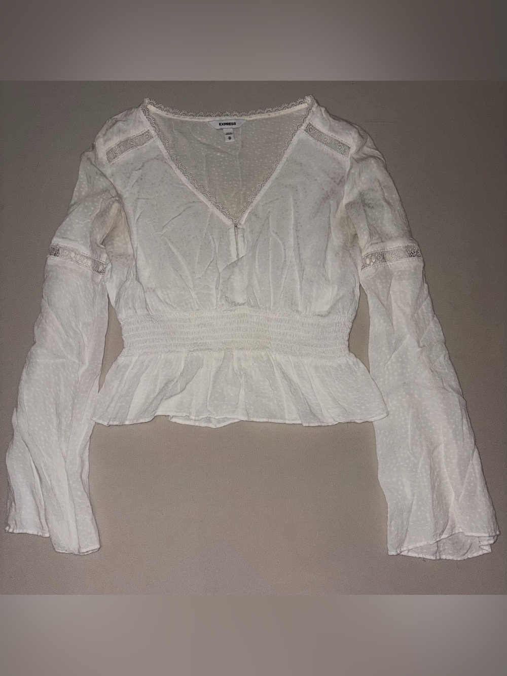 Express Cream Sheer Peplum V-Neck Long Sleeve Blouse